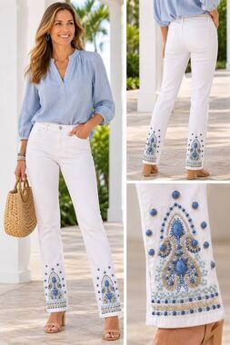 Boston Proper Womens White Jeans Blue Beaded Embellished Hemline Size 0